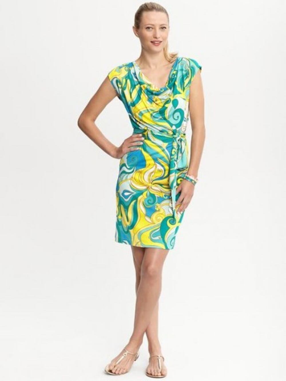 Banana Republic x Trina Turk Collection Silk Blend Dress Green Yellow Small